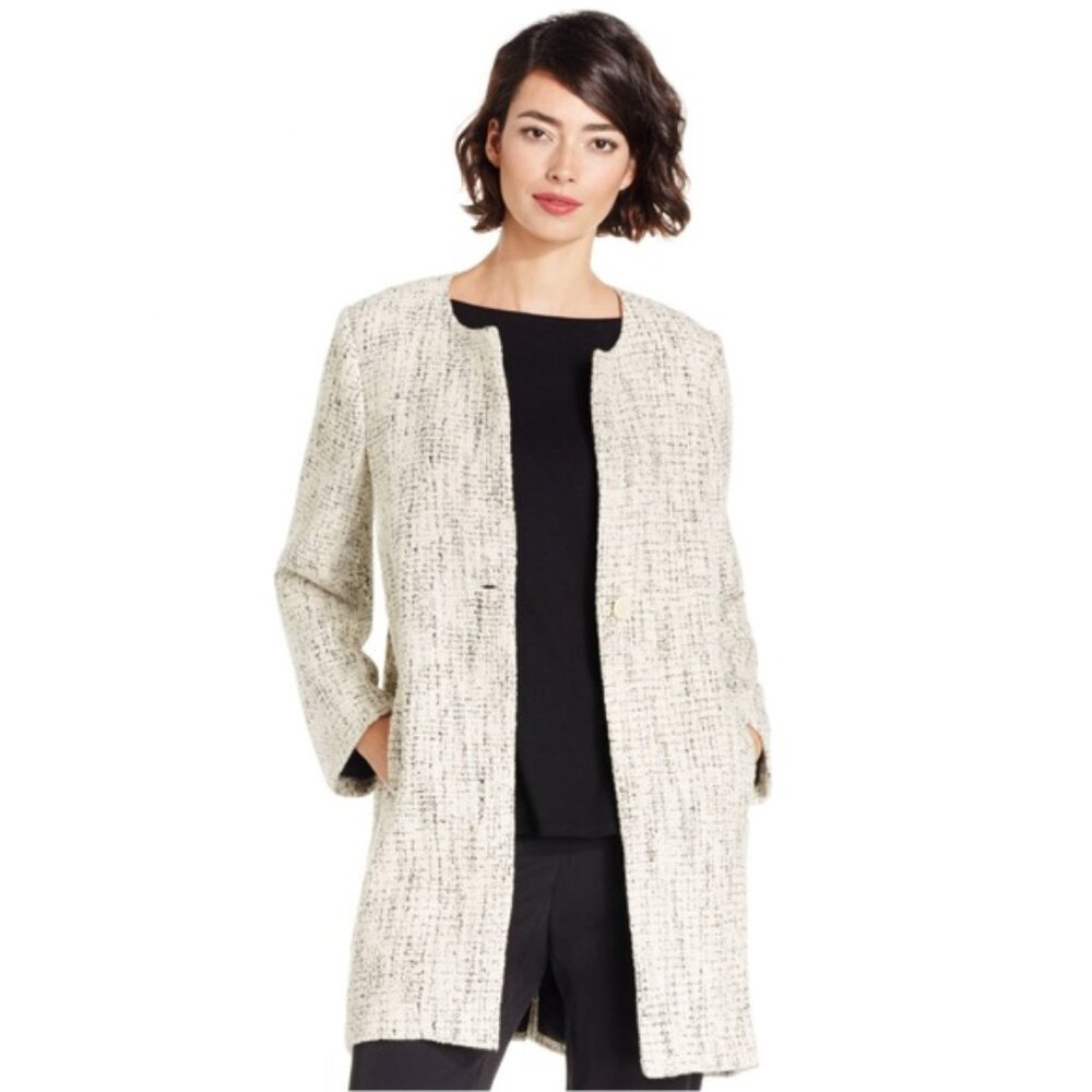 Eileen Fisher Longline Single Button Tweed Cocoon Coat EUC Size M